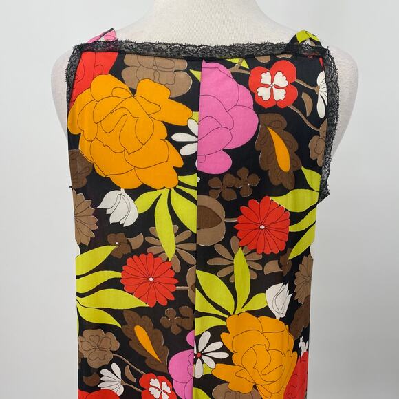Vintage 60s Floral Slip Negligee Mini Dress Lace Trim Double Strap Womens M - Picture 7 of 7